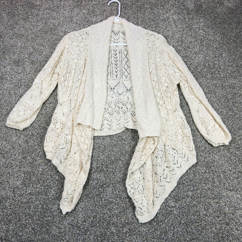 Earth Music & Ecology Ivory Crochet Pointelle Open Front Cardigan Cotton Sweater
